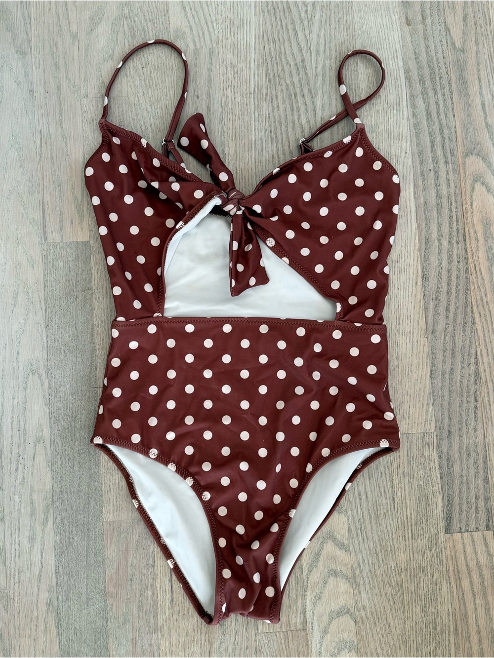 Reformation Brown Polka Dot Tie Front One-Piece Swimsuit